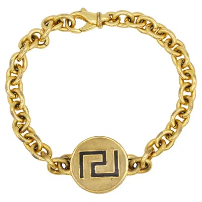Pre-owned Versace Gianni  Vintage Iconic Greca Black Logo Circle Charm Chain Gold Bracelet