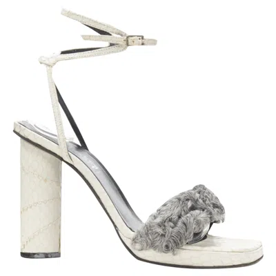 Versace Gianni  White Grey Shearling Ankle Strap Cone Heel Sandal