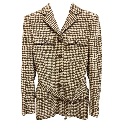 Pre-owned Versace Gianni  Wool And Cashmere Houndstooth Belt Jacket In Sand