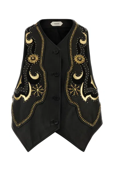 Versace Embellished Leather Vest In Black