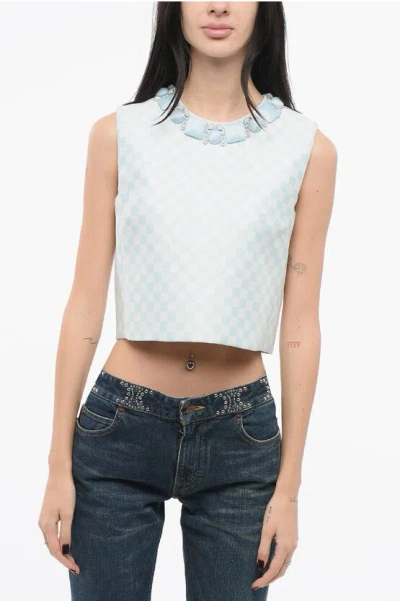 Versace Gingham Patterned Duchesse Blouse With Jeweled Neckline In Blue
