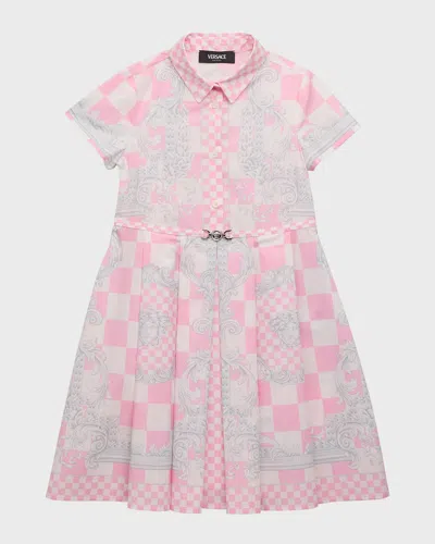 Versace Kids' Girl's Barocco Check-print Pleated Dress In Pastel Pink