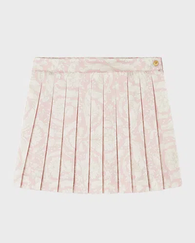 Versace Kids' Girl's Barocco-print Pleated Skirt In Dusty Rose/ivory