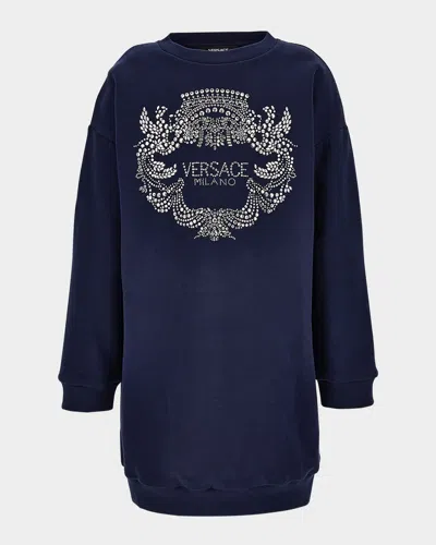 Versace Kids' Girl's Bedazzled Logo-print Sweatshirt Dress