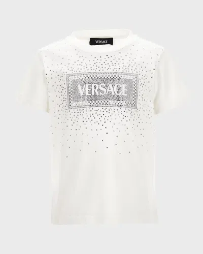 Versace Kids' Girl's Bedazzled Logo-print T-shirt In White/crystal