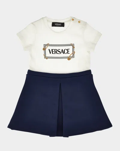 Versace Kids' Girl's Bicolor Vintage Logo-print Dress In Blue