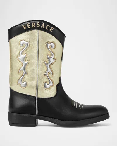 Versace Girl's Calf Leather Laminated Embroidered Boots, Kids In Black