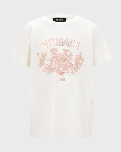 Versace Kids' Girl's Classic Logo-print T-shirt In White/pink