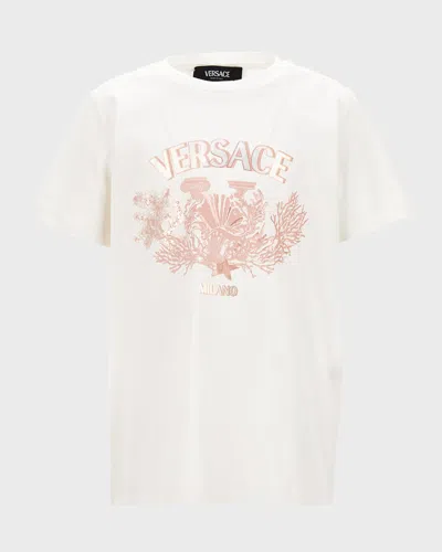Versace Kids' Girl's Classic Logo-print T-shirt In White/pink
