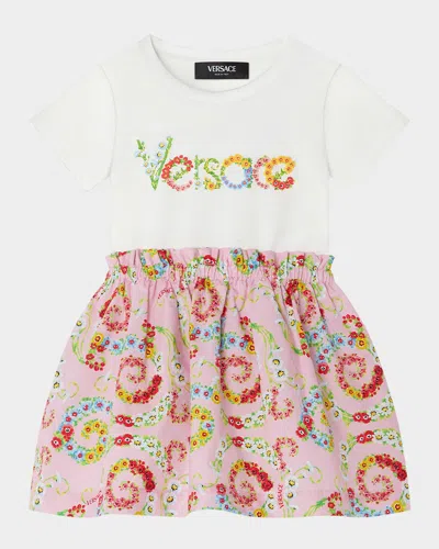 Versace Kids' Girl's Combo Logo-print Jersey Dress In 6w510-whitepinkmulticolor