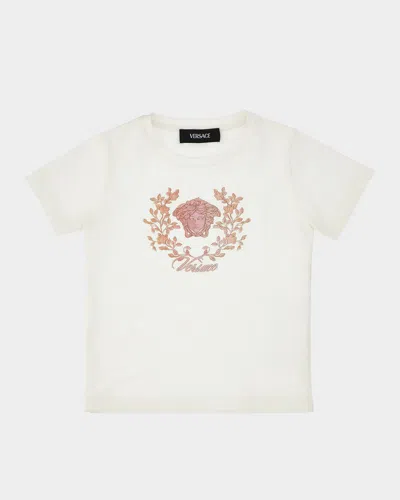 Versace Kids' Girl's Crest Logo-print T-shirt In White