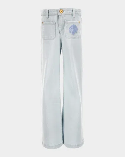 Versace Kids' Girl's De La Mer Shell Embroidered Denim Pants In Gray