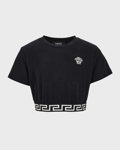Versace Kids' Girl's Greca Border Cropped T-shirt In Black/white