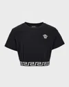 Versace Girl's Greca Border Cropped T-shirt In Black/white