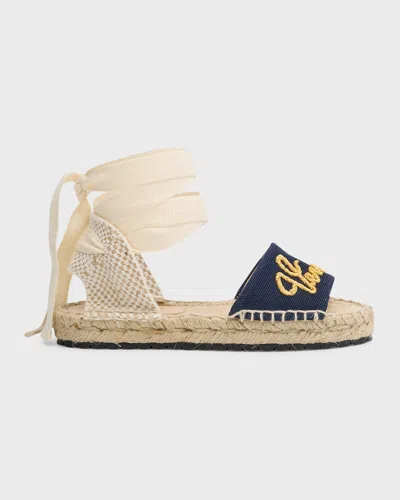 VERSACE GIRL'S LOGO EMBROIDERED LACE UP ESPADRILLES SANDALS, KIDS