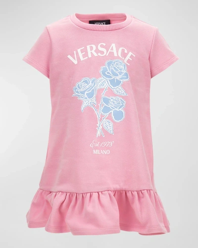 Versace Kids' Girl's Logo-print Bouquet Graphic T-shirt Dress In Pink