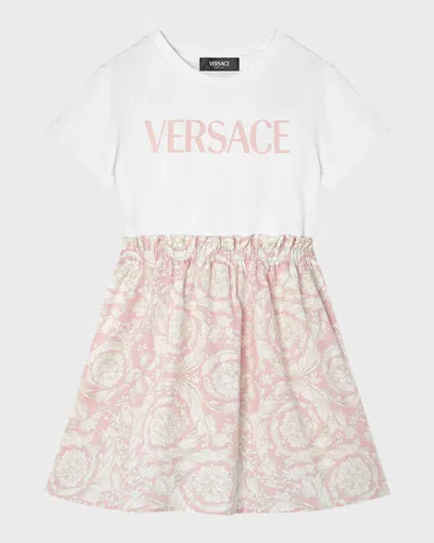 Versace Kids' Girl's Logo-print Combo Dress W/ Barocco Skirt In White/pink