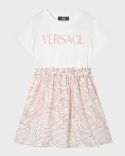 Versace Kids' Girl's Logo-print Combo Dress W/ Barocco Skirt In White/pink
