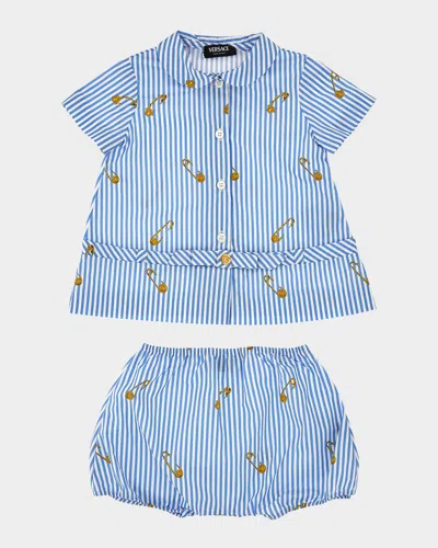 Versace Kids' Girl's Pinstripe Poplin Safety Pin Dress With Bloomers In Blue