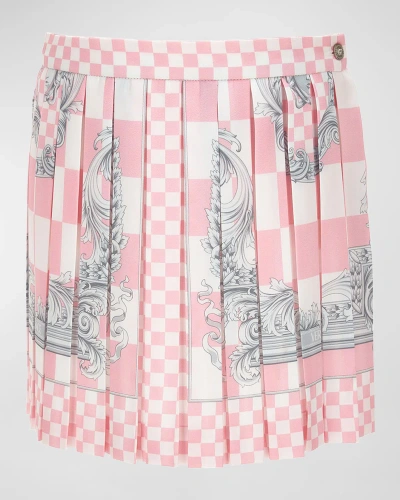 Versace Kids' Girl's Pleated Barocco-trim Skirt In Pastel Pink