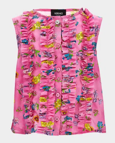 Versace Kids' Girl's Ruffled Sleeveless Floral Cotton Shirt In Pink