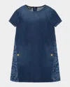Versace Girl's Short-sleeved Shift Denim Dress In Blue