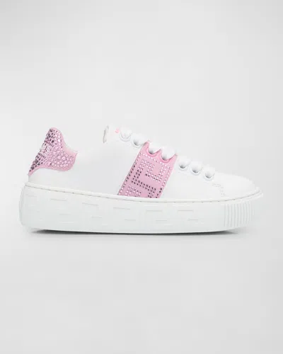 Versace Kids' Girl's Sneaker La Greca Fabric Calf Leather, Toddler In White Pale Pink