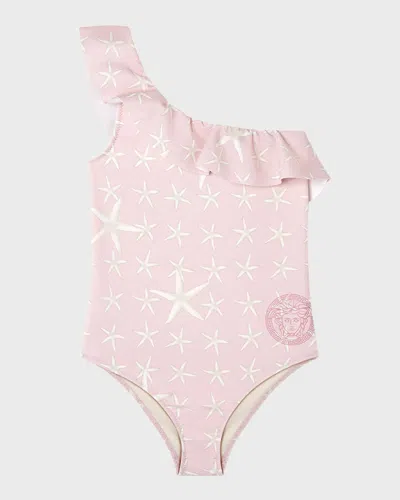 Versace Kids' Stella Marina Ruffled One-shoulder Swimsuit In Dusty Rose