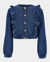 Versace Girl's Washed Denim Ruffled Button-front Shirt In Blue