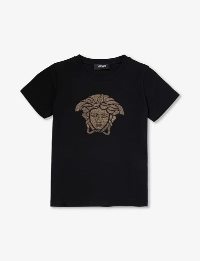 VERSACE VERSACE GIRLS BLACK+GOLD KIDS MEDUSA-EMBELLISHED COTTON-JERSEY T-SHIRT 8-14 YEARS