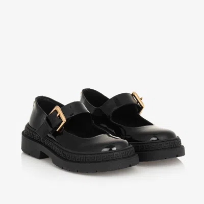 Versace Kids' Girls Black Leather Greca Bar Shoes In Multi