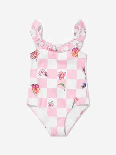 Versace Kids' Girls Damier Flowers Swimsuit In Pink