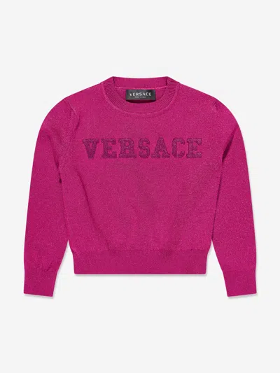 Versace Kids' Logo刺绣棉质毛衣 In Pink