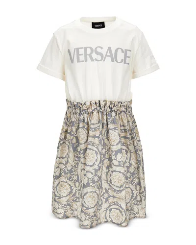 Versace Girls' Logo Print & Barocco Poplin Jersey Dress - Little Kid, Big Kid In Brown