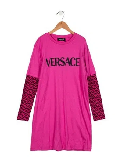 Pre-owned Versace Kids' Girls' Pattern Print Long Sleeve Dress W/tags In Pink