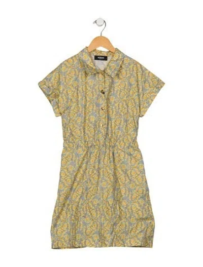Pre-owned Versace Kids' Girls Pattern Printed Button Closure Dress In Yellow