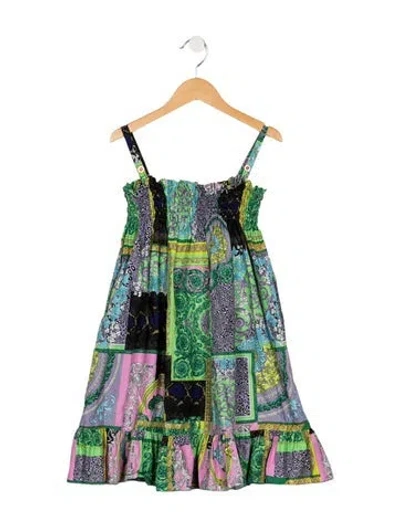 Pre-owned Versace Kids' Girls Pattern Printed Pleated Dress In Green