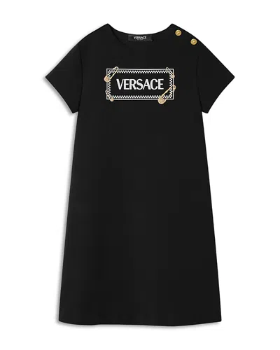 Versace Girls' Punto Milano Jersey & 90s Logo Pinned Print Dress - Big Kid In Black