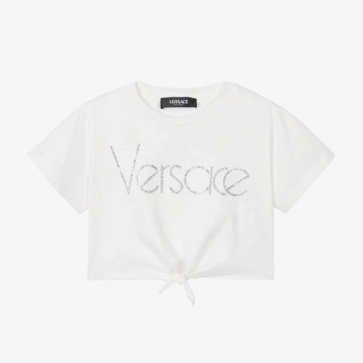 Versace Kids' Girls White Cropped Cotton T-shirt