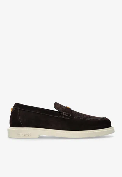 Versace Giuliano Logo Suede Loafers In Brown