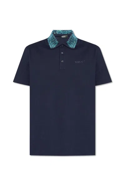 Versace Glass Embellished Short-sleeved Polo Shirt In Blue