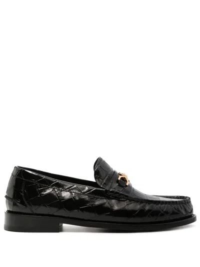 Versace Glossy Black Crocodile-pattern Flat Shoes