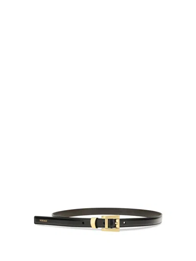 Versace Glossy Leather Logo Print Belt In Black