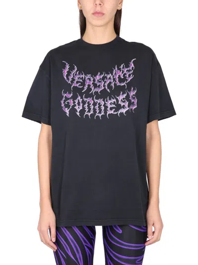 Versace Goddess Oversized Cotton T-shirt In Black