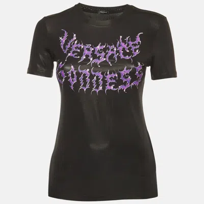 Pre-owned Versace Goddess Print Jersey Crewneck T-shirt S In Black