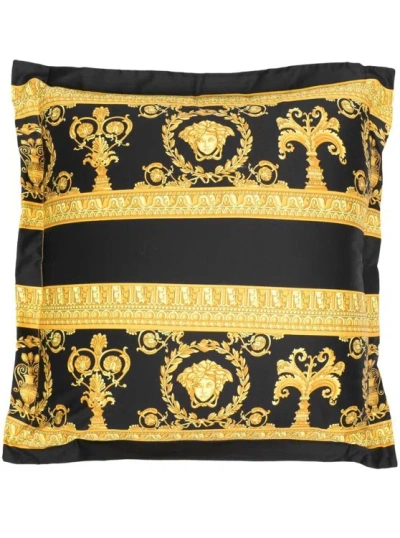 Versace Gold And Black Pillow In Cotton With Baroque Print In Multi