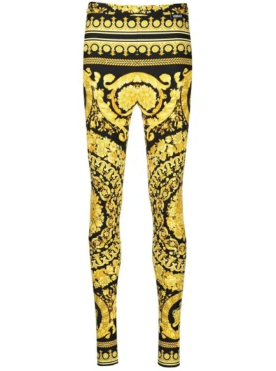 Versace Gold And Black Stretch Fabric Leggings With Baroque Heriatge Print In Yellow