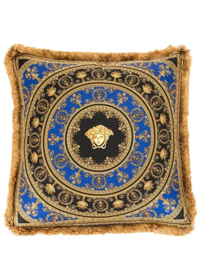 Versace Gold, Black And Blue Pillow  In Silk And Synthetic Fibers With Baroque Print