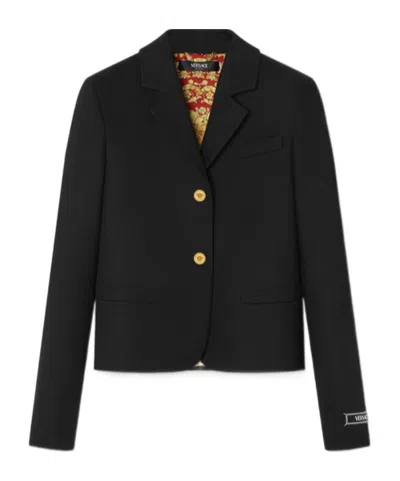 Versace Gold-button Cotton Jacket In Black