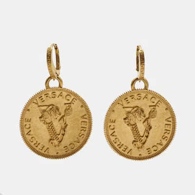 Pre-owned Versace Gold Coin V Gold Tone Earrings